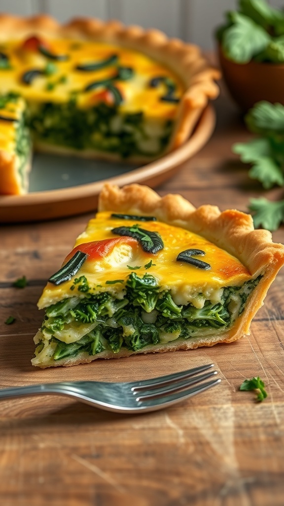 A slice of kale quiche with a golden crust and green filling, garnished with herbs on a wooden table.